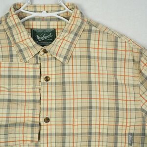 Vtg Woolrich Mens‎ Large Short Sleeve Plaid Button Down Cotton Shirt Tan Orange